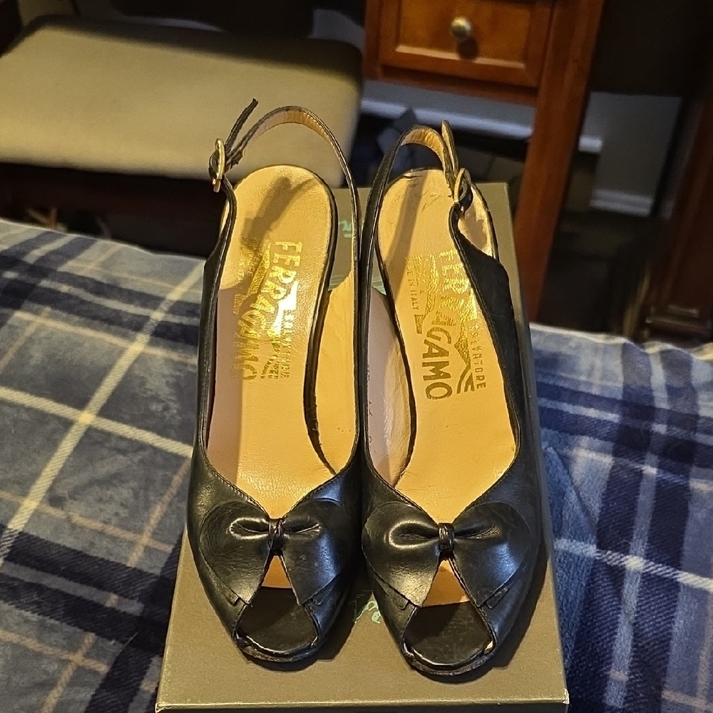 Salvatore Ferragamo Black Peep-Toe Slingback Heels